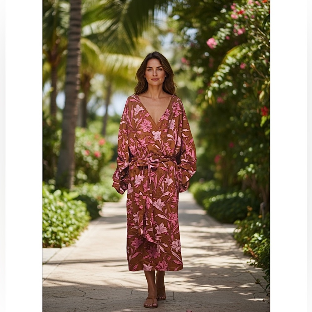 Eloquii Dress Midi Brown with pink flowers Faux wrap sleeves Belted size 28